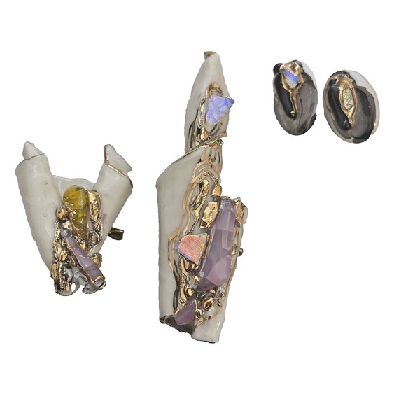 Handmade Jewelry - 3 pc Vintage Artisan Glazed Ceramic Dichroic Glass Gold Brooch Earring Set 80s